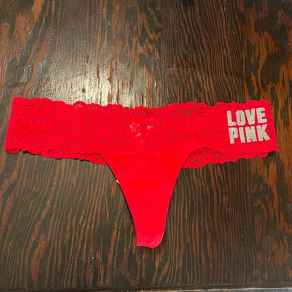 NWT PINK red thong with lace detail